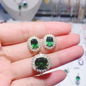 Emerald Green Oval Earrings with Silver Accents